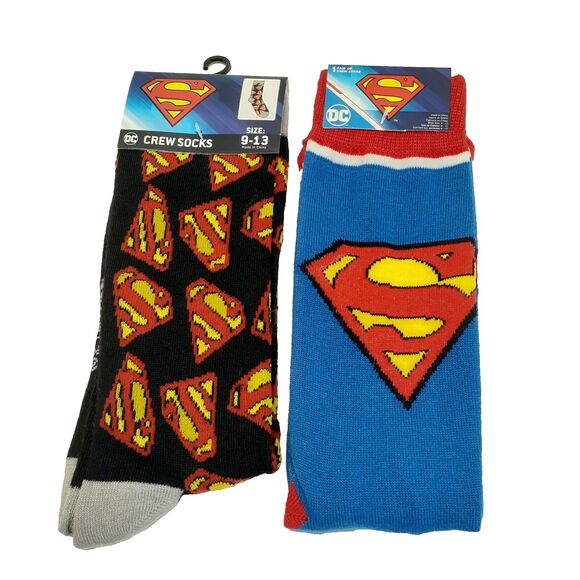 DC Superman Socks Movie Cartoon Comic 2 Pair Adult Men Crew Size 6-12 NWT - Picture 1 of 5
